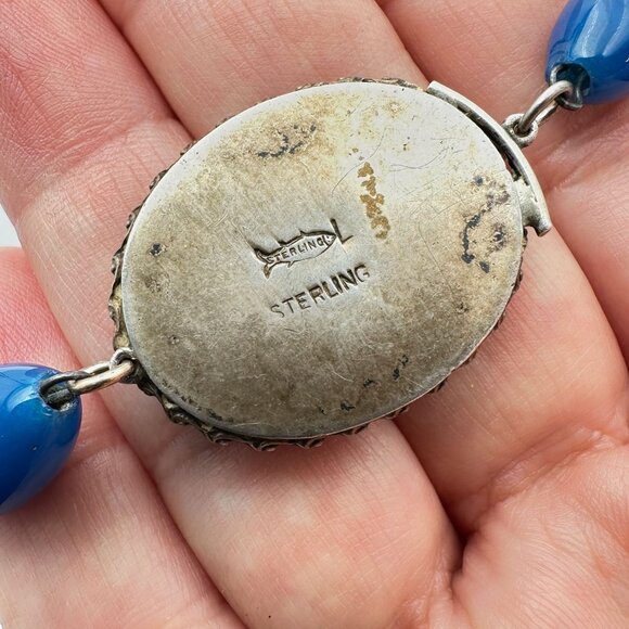 Antique Czech Art Deco Blue Glass Pendant Necklace Sterling Silver Hallmarked - Picture 4 of 5